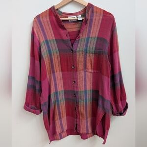 Chico’s Design Plaid Cotton Button Front Tunic Top | Size 2